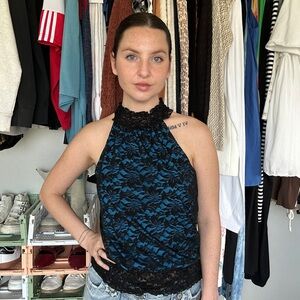 Teenbell Y2K Black Lace Teal Halter Top Size M